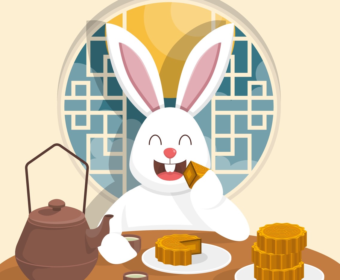 Rabbit Eating Mooncake with Tea