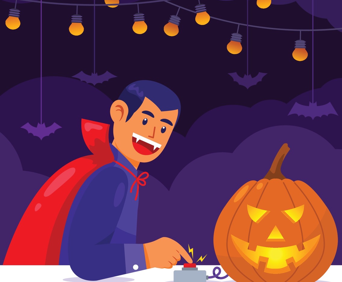 Dracula Checking His Pumpkin Electric Lamp