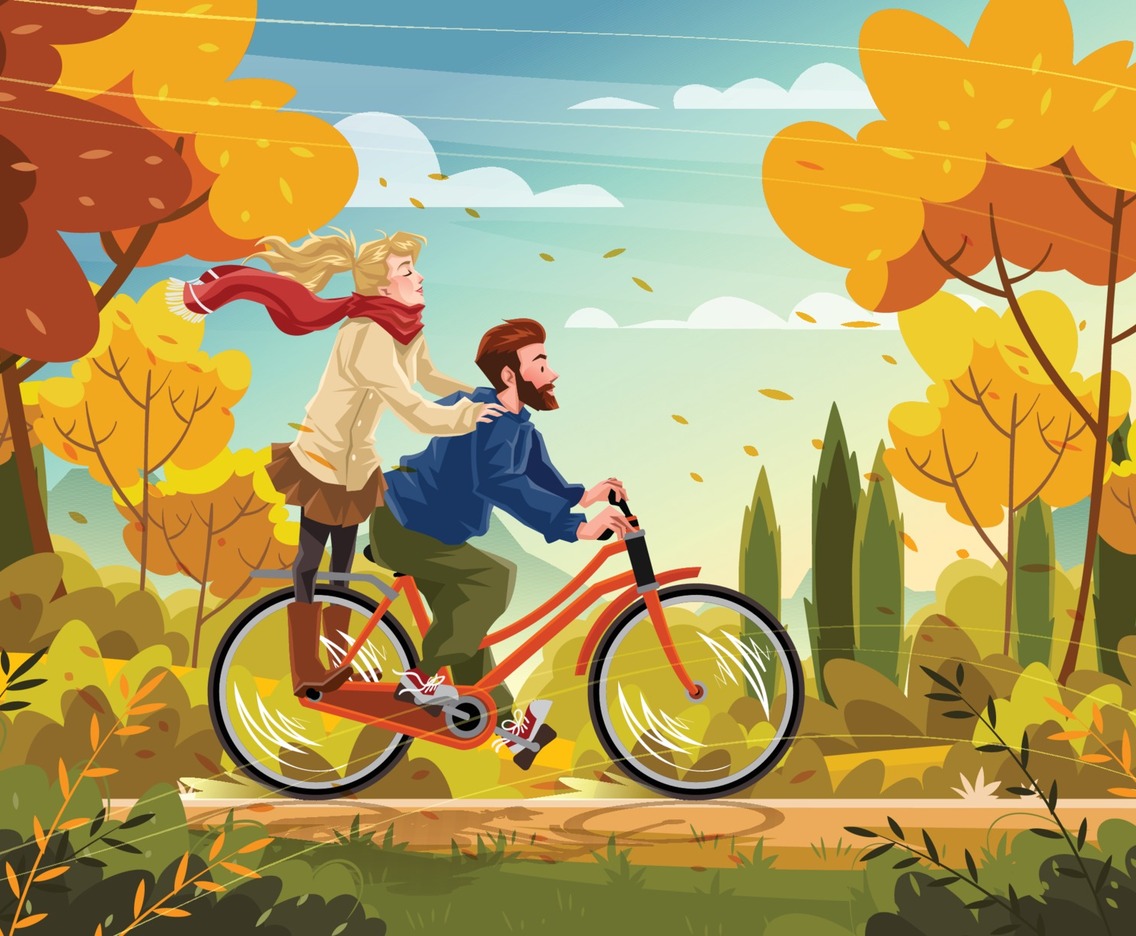 Couple Riding Bicycle in The Autumn Park Concept