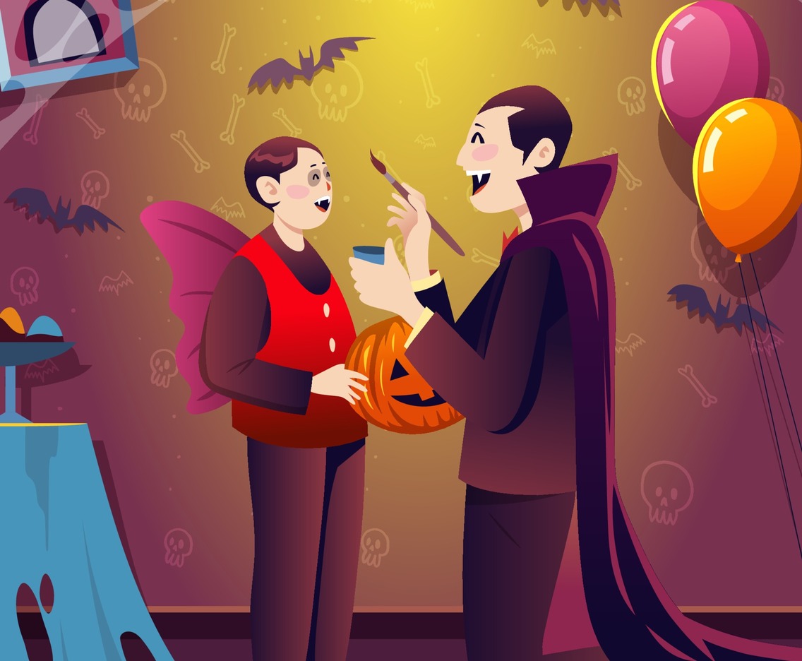 Dad and His Son Preparing for Halloween