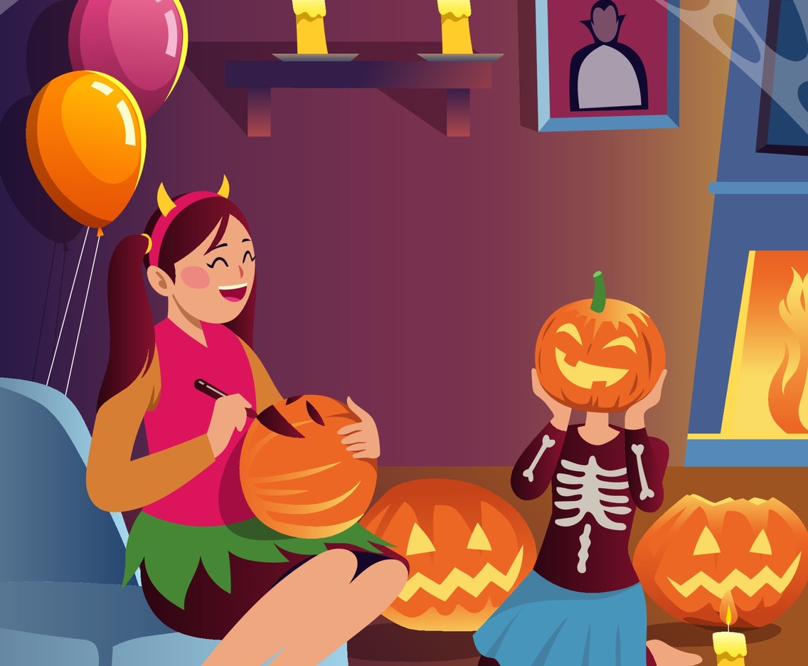 Mother and Daughter Carving Pumpkin