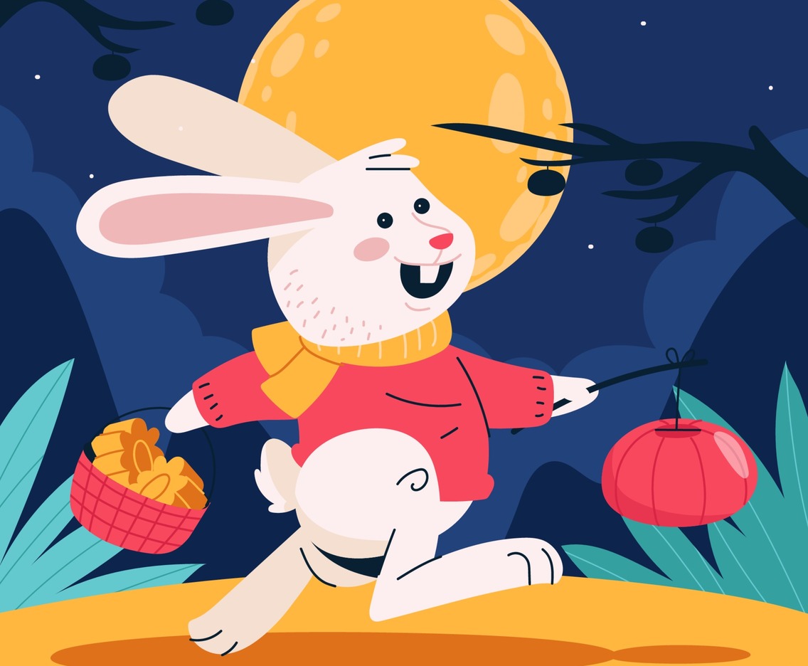 Rabbit Brings Mooncake and Lantern on Mid Autumn