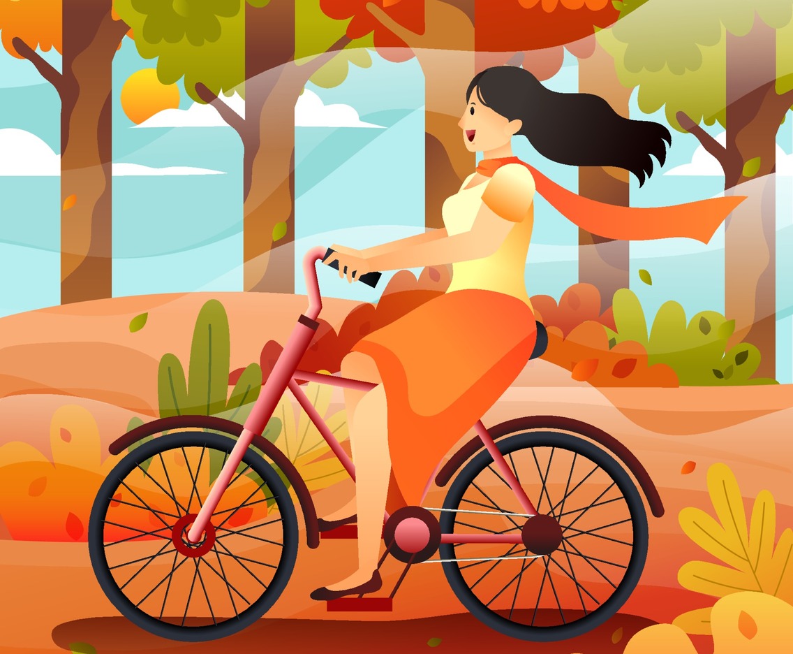 Happy Woman Riding Bike in Autumn Forest