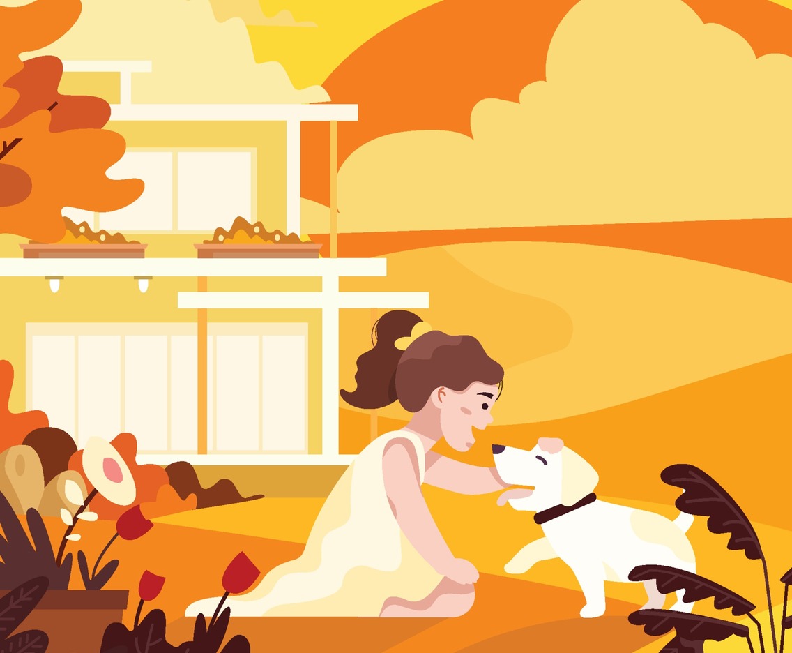 Girl Plays with Her Dog Outdoor