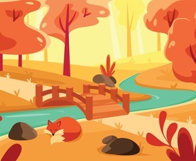 Sleepy Fox in the Middle of Autumn Forest