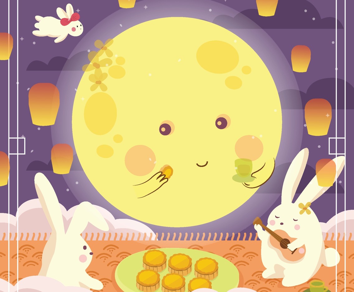 Moon And Rabbits Eat Moon Cake Concept