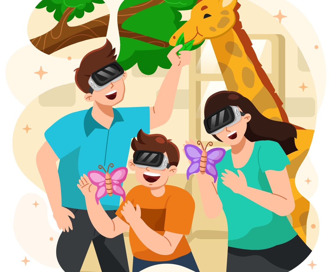 Family Excited Having Virtual Reality Zoo at Home