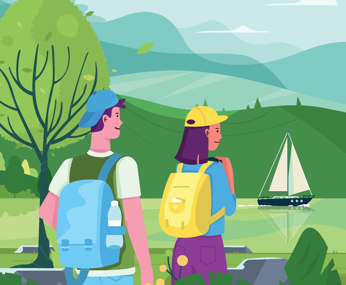 Backpacker Couple Enjoy Nature View from Far
