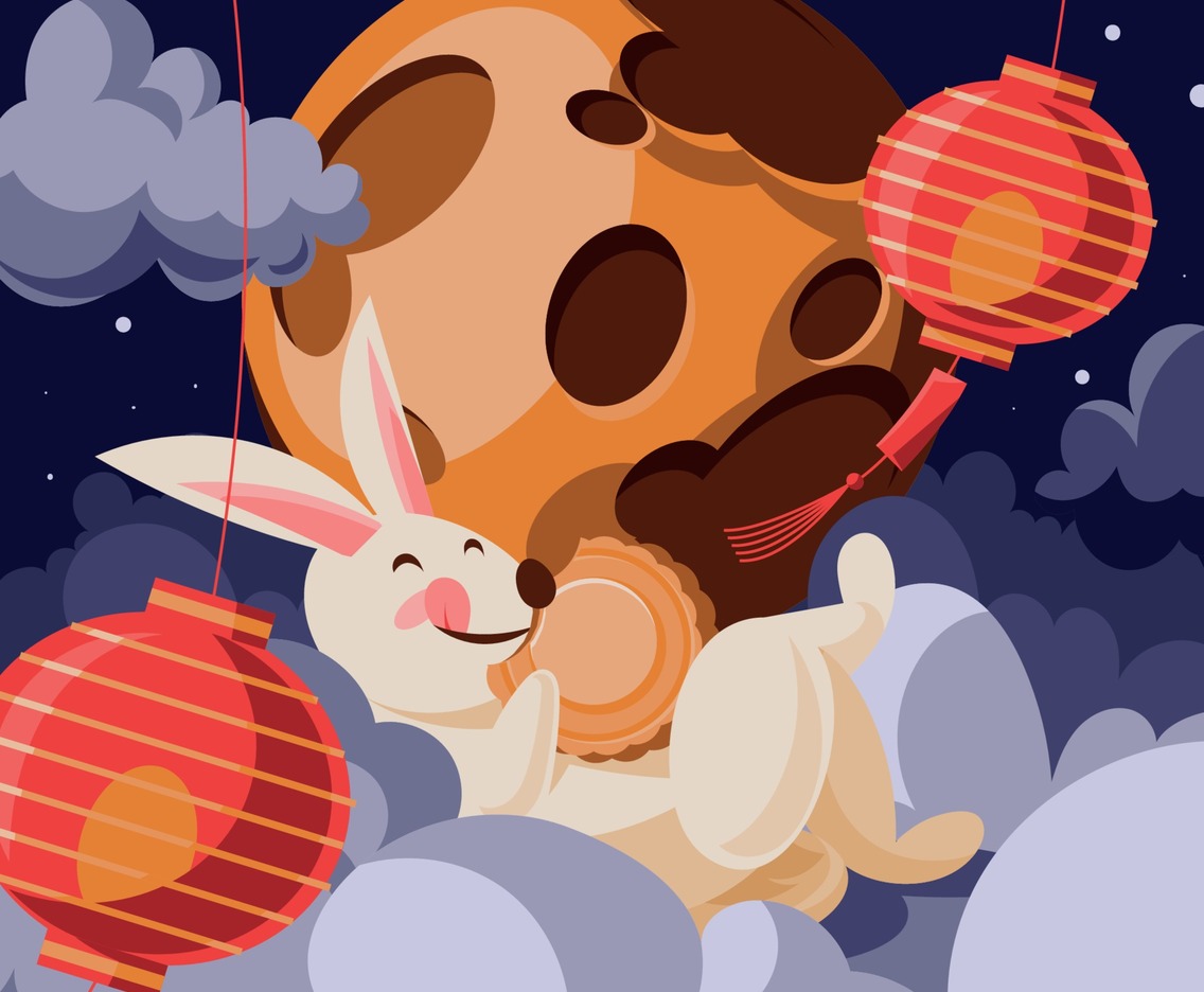 Rabbit Eats Mooncake in Mid Autumn Festival