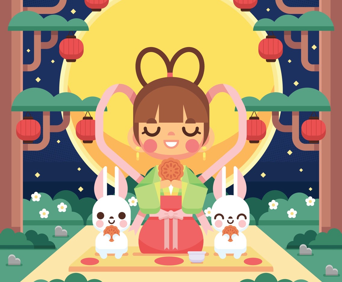 Cute Goddess and Rabbits in Mid Autumn Festival