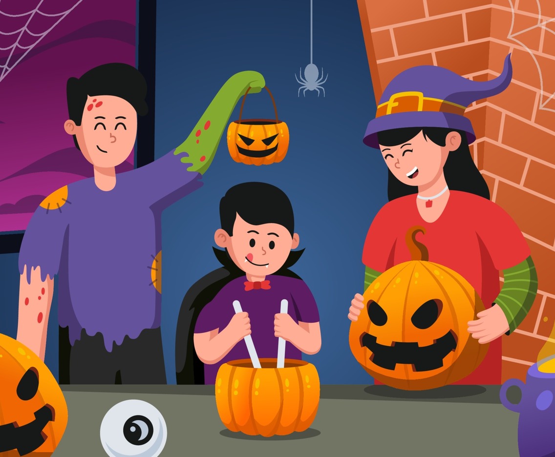 Happy Family Preparing Halloween Party