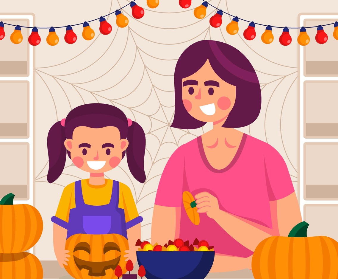 Mom and Daughter Preparing Halloween Decoration Together
