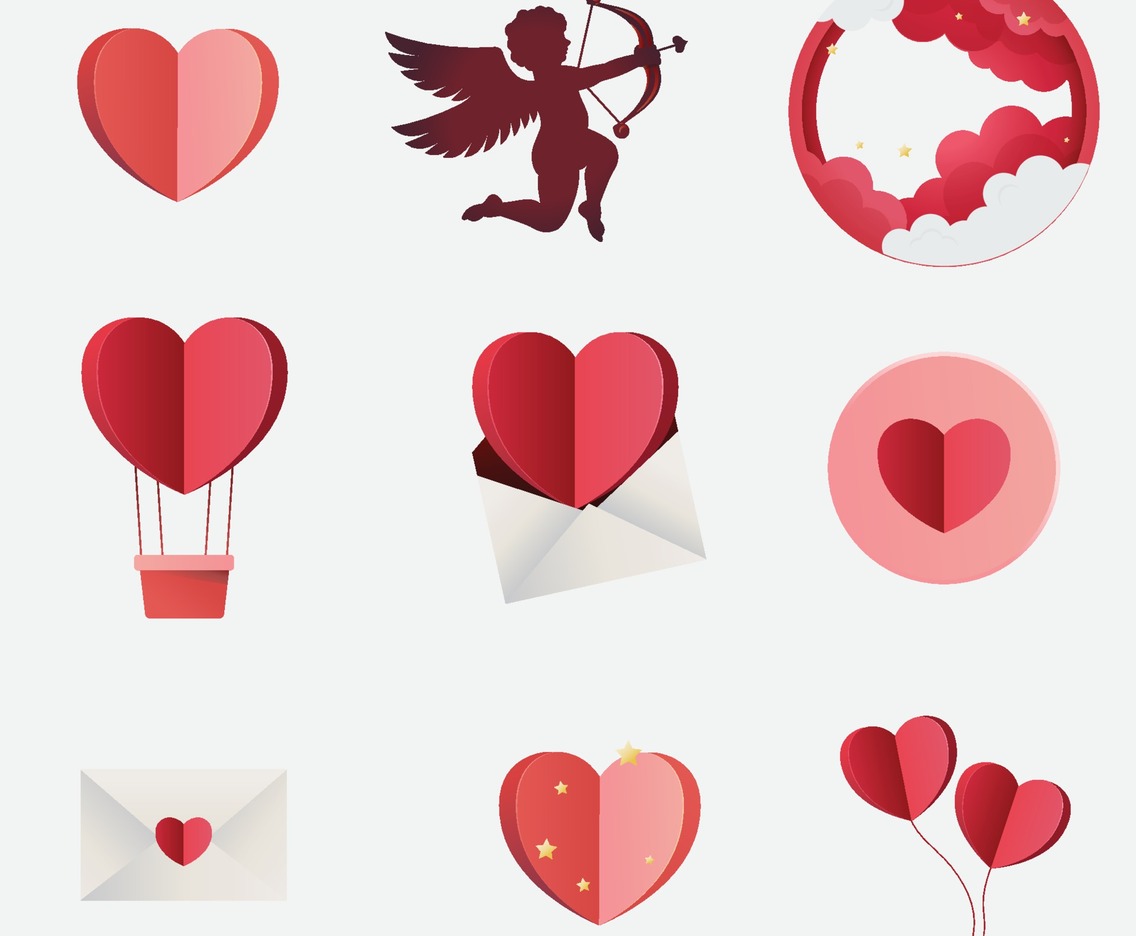 Love Papercut Style Icon Elements Set