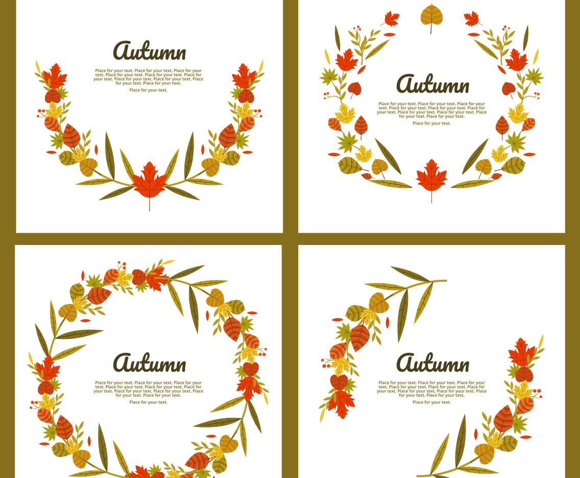 Set of Autumn Flowers Wreath Cards