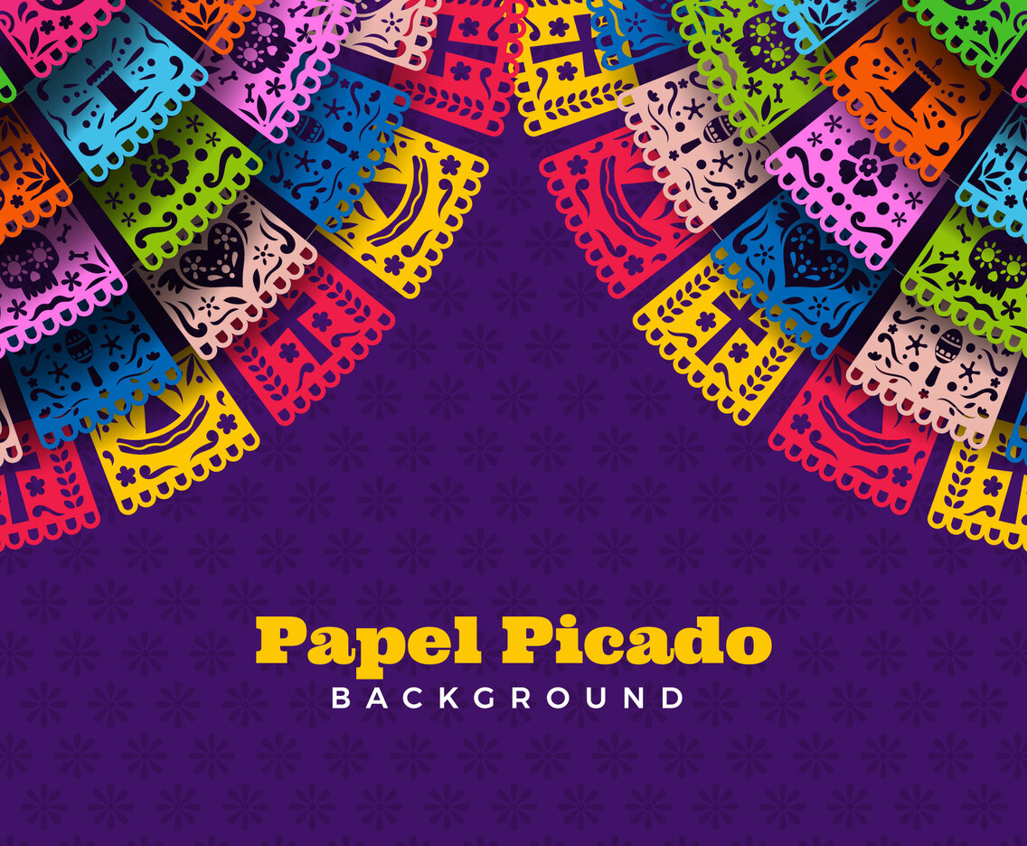 Multiple Color of Papel Picado on Purple Background