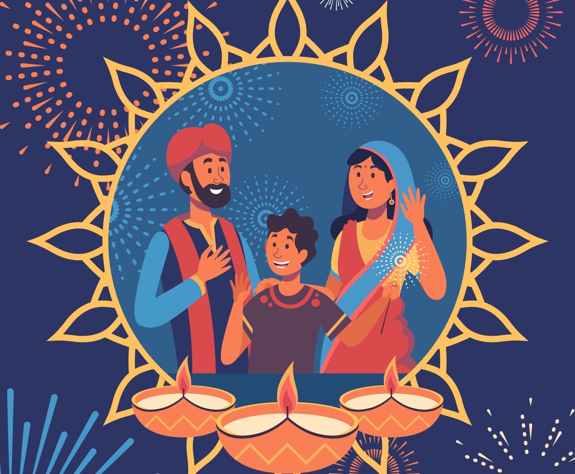 Indian Family Characters Greeting to Celebrate Diwali Festival