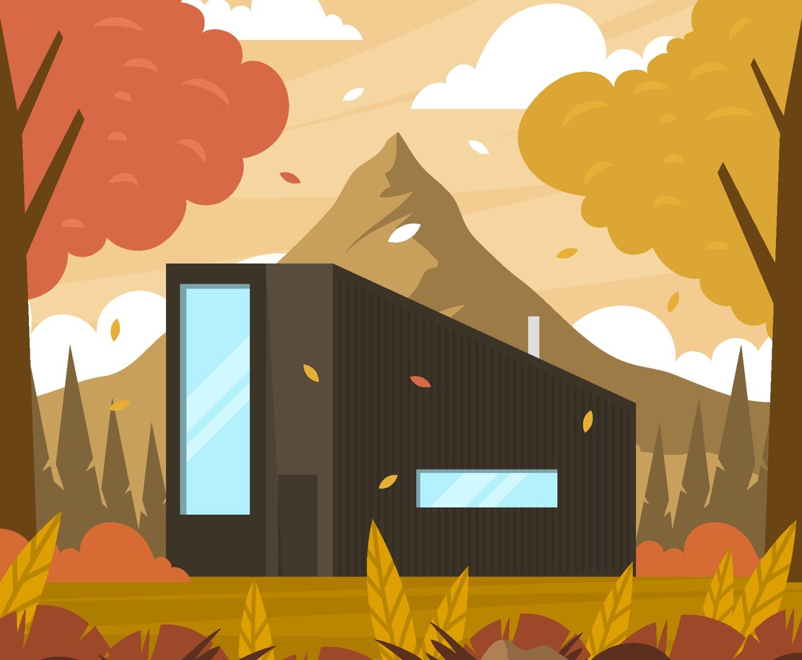 Wooden Cabin in the Forest in Autumn
