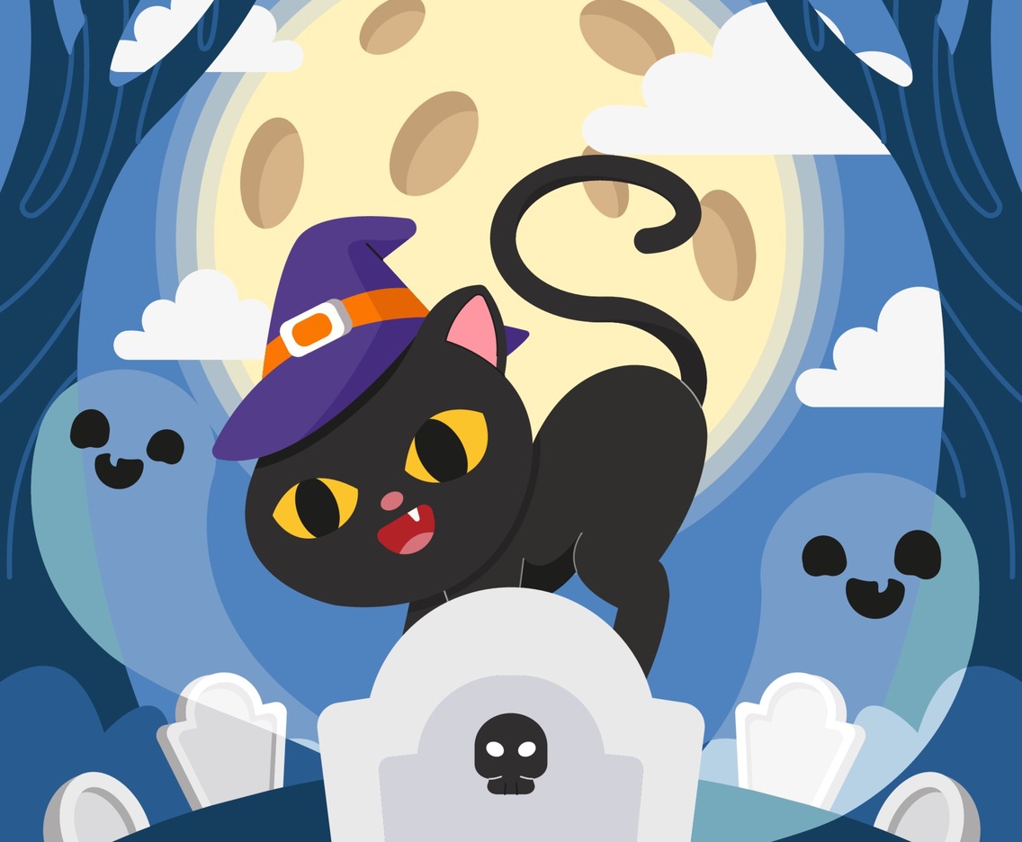 Halloween Cat Standing on The Tombstone