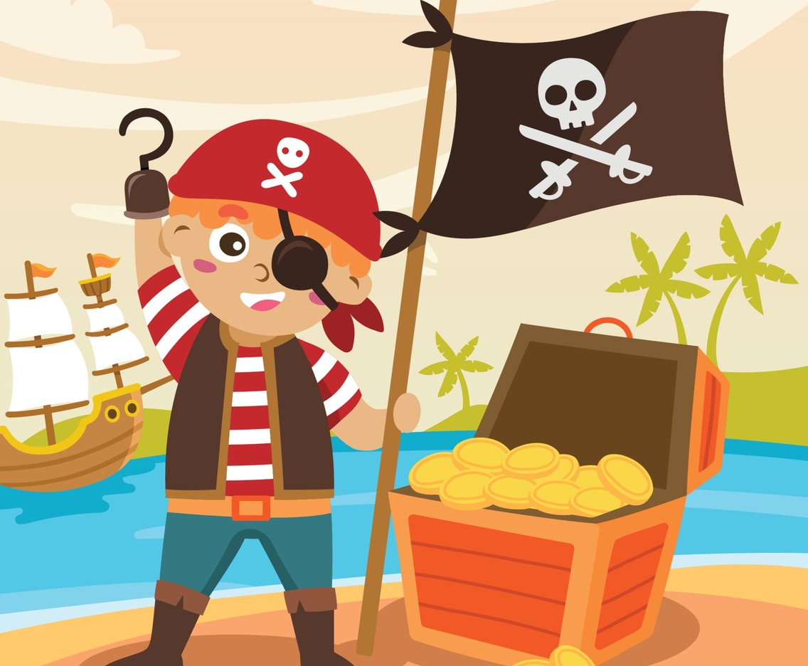 Cute Pirate Boy with Treasure Box