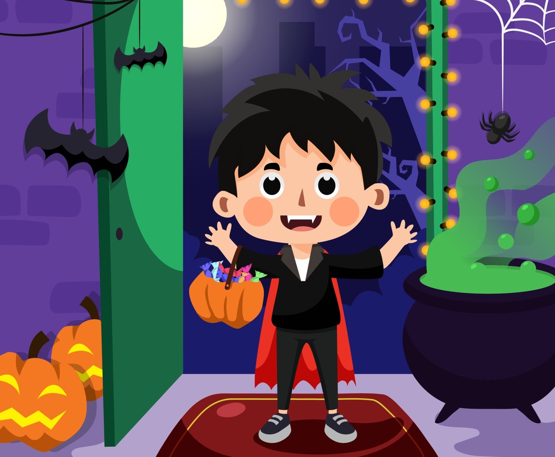Happy Boy Celebrates Halloween with Basket Full of Candy
