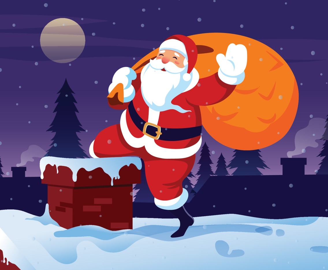 Santa on the Roof with a Bag of Gifts