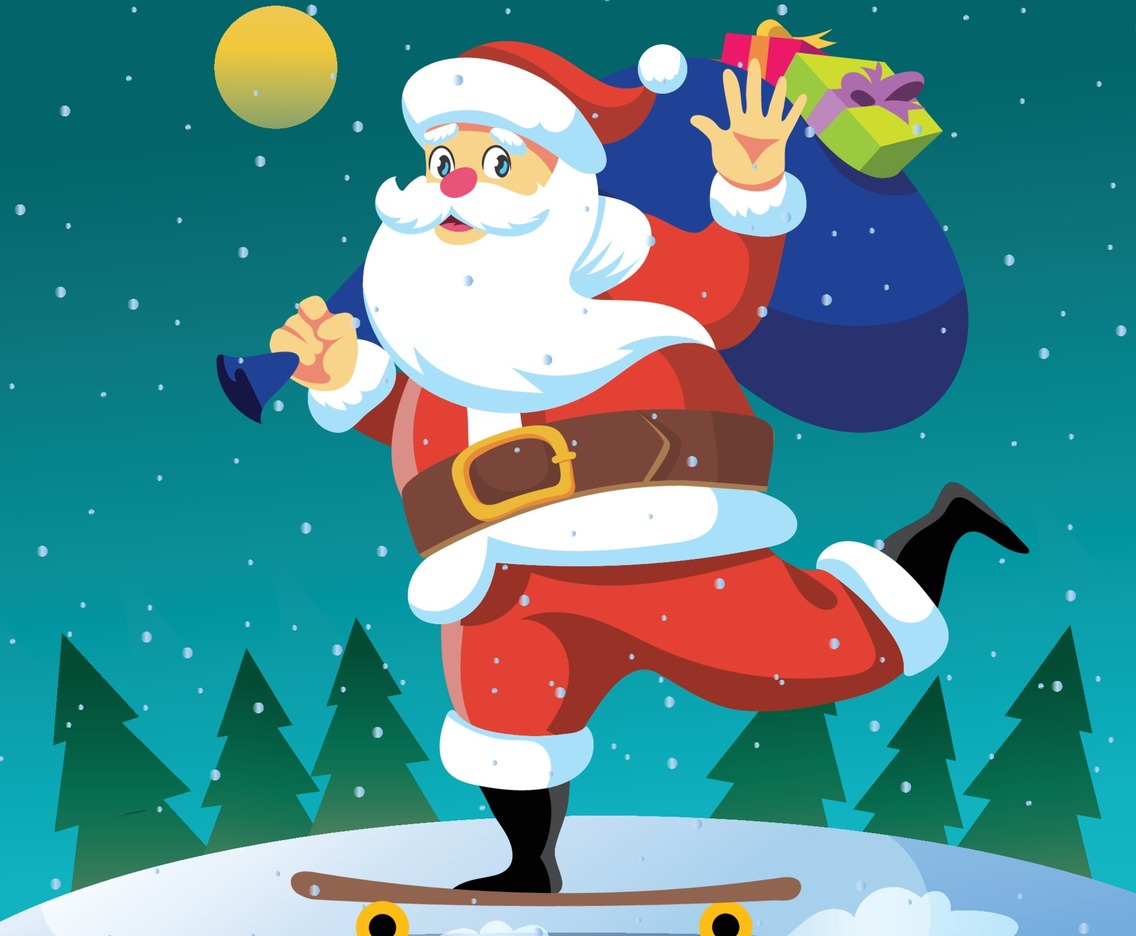 Santa Rides Skateboard Delivering Christmas Gift