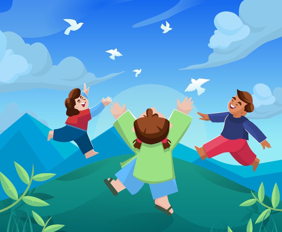 Group of Kids Playing Together with Birds