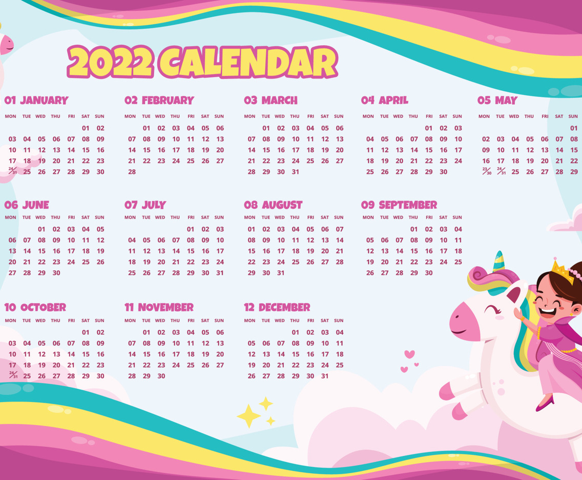 2022 Calendar Template With Cute Colorful Little Girl And Unicorn