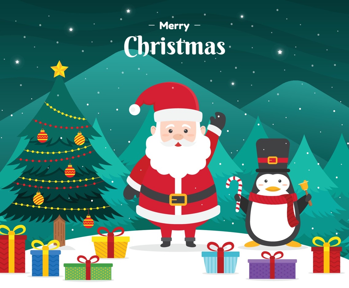 Santa Claus and Penguin with Christmas Gifts
