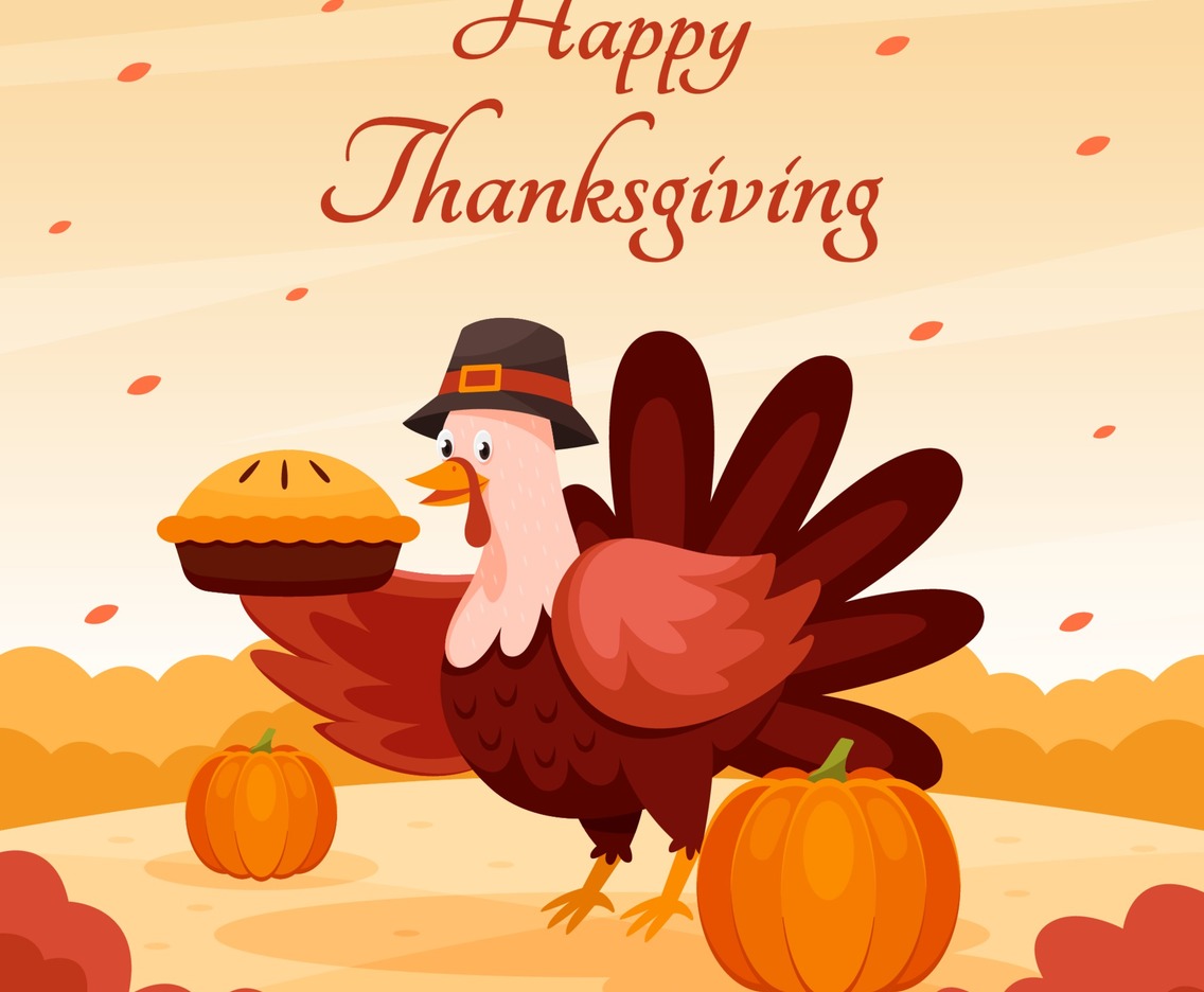 Happy Thanksgiving with Turkey Character and Pumpkins