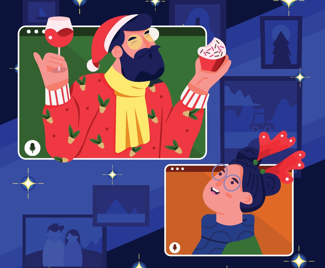 Two People Prepare Christmas Gathering using Video Call