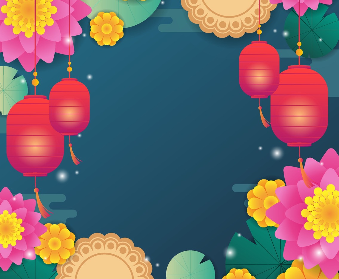 Mid Autumn Festival Background with Lotus and Mooncake