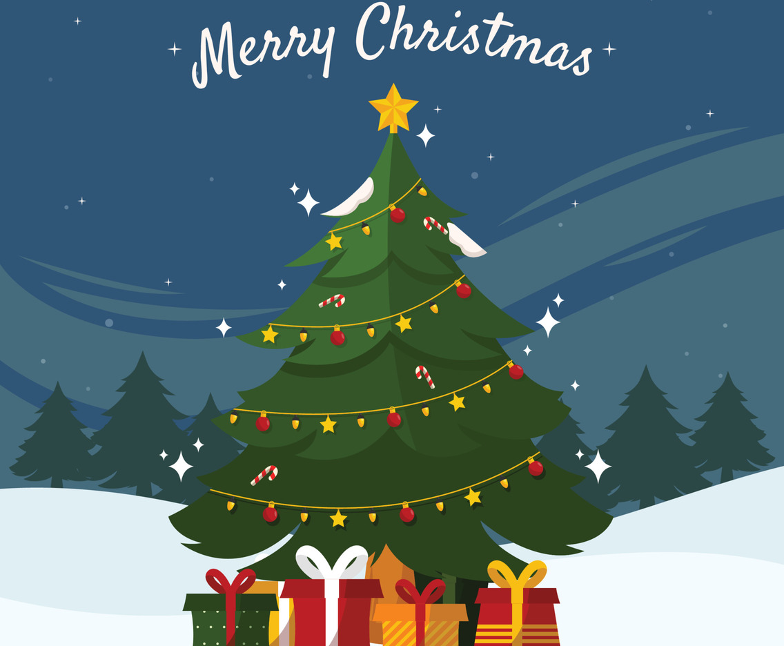 Christmas Tree and Gift Box on Winter Night