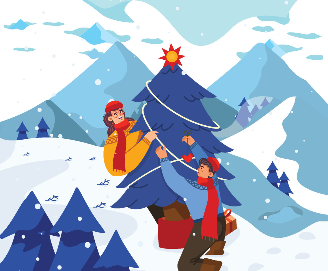 Man and Woman Decorate Christmas Tree Concept