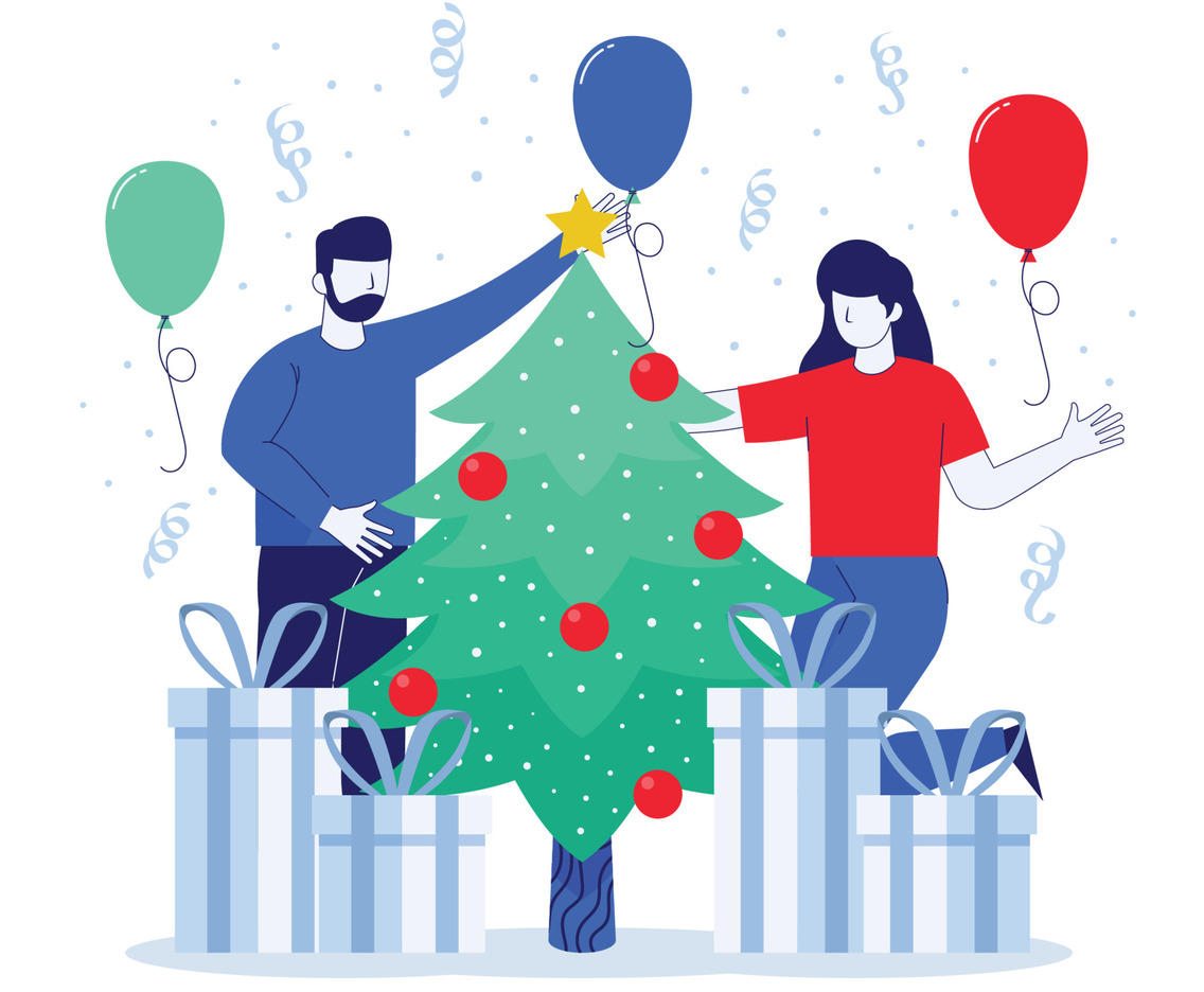 Man and Women Preparing Christmas Party Decoration Concept