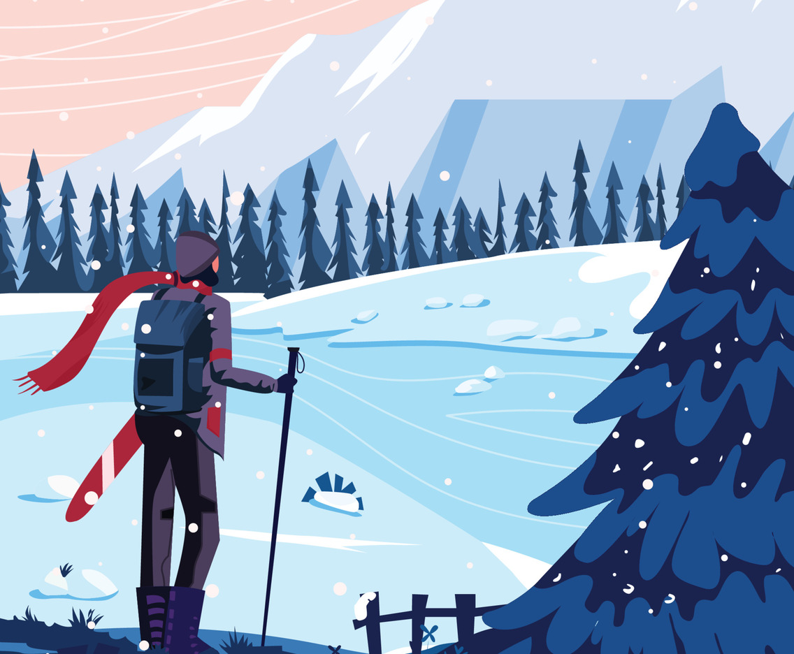 Skier Enjoy Winter Scenery Across the River Concept