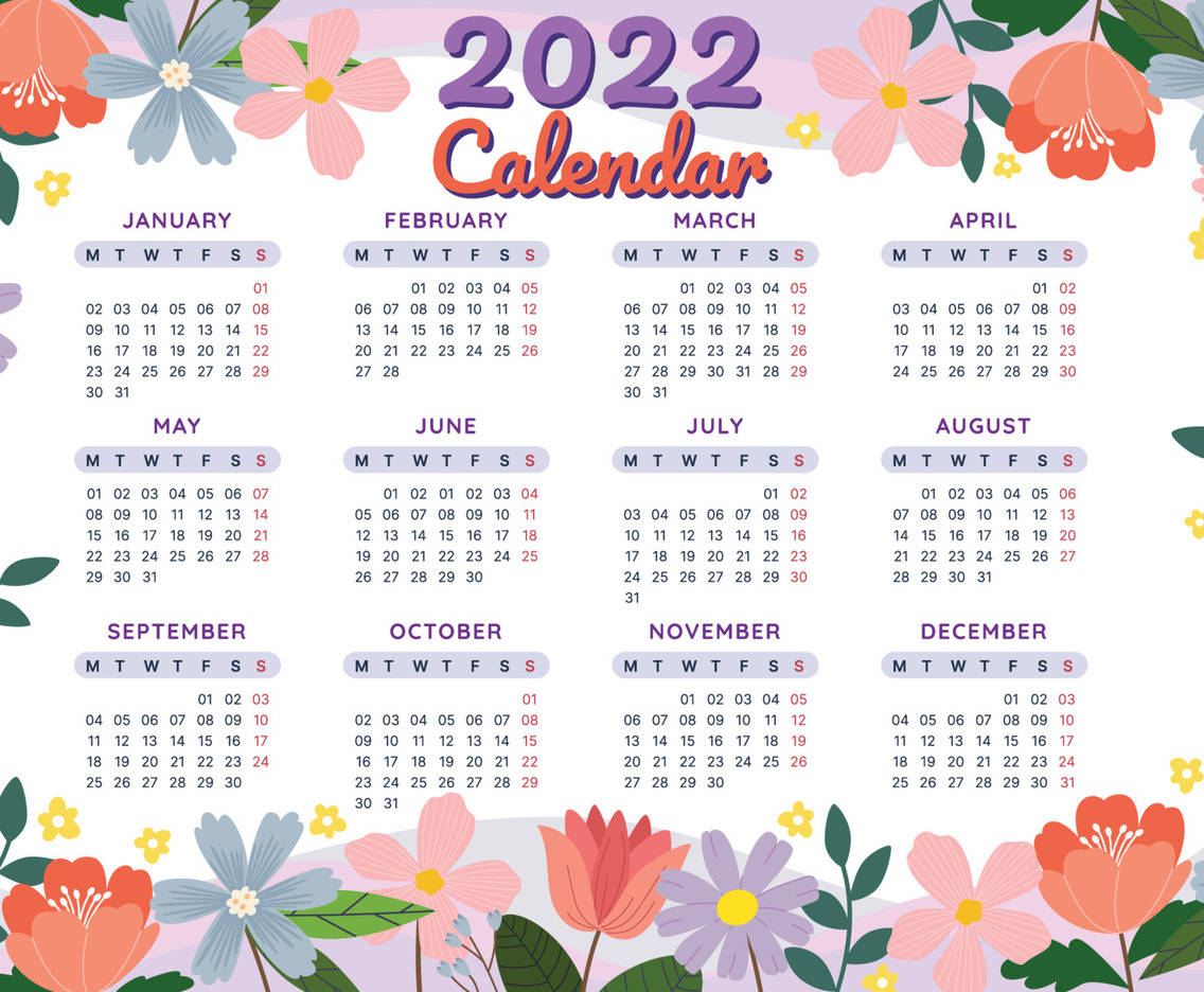 New Year 2022 Calendar Flower Hand Drawn