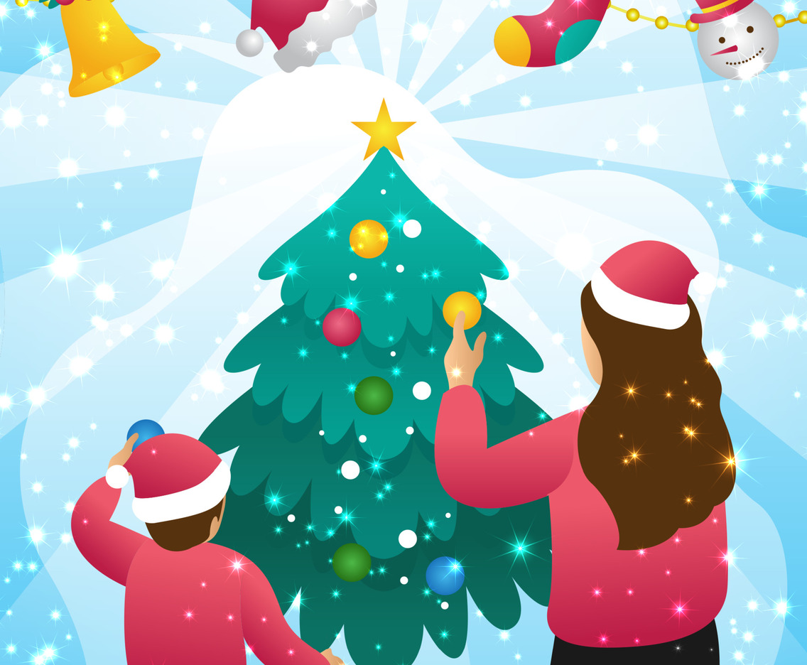 Mother and Son Decorate Christmas Tree