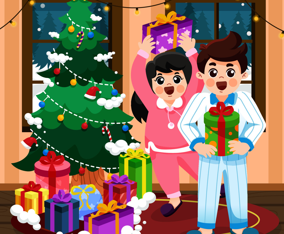 Happy Kids Receiving Gift on a Christmas Tree