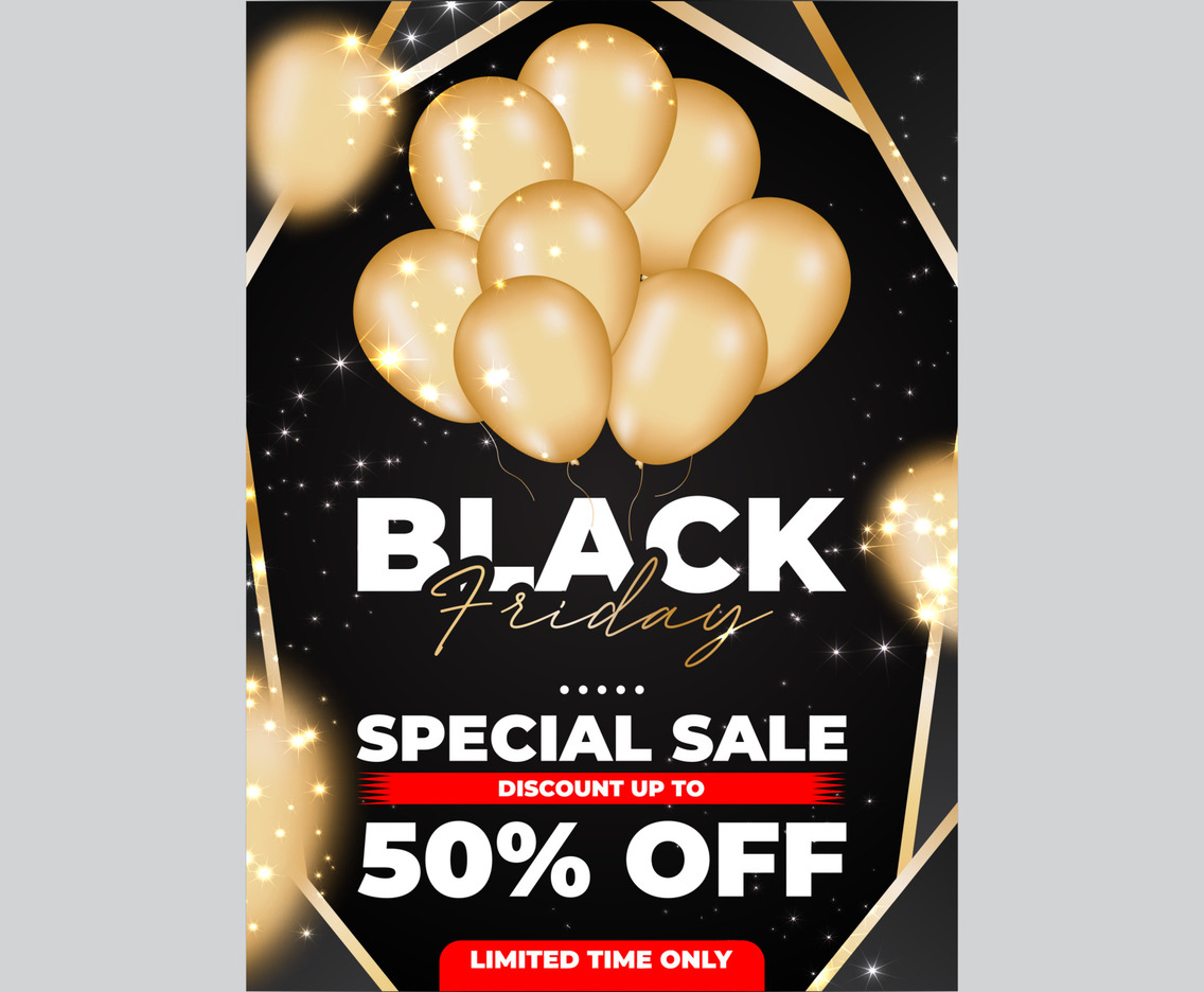 Black Friday Sale Poster with Gold Realistic Balloon