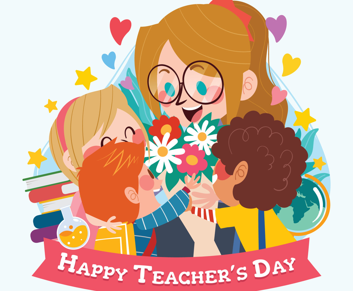 Kids Giving Bouquet to Teacher on Teacher's Day