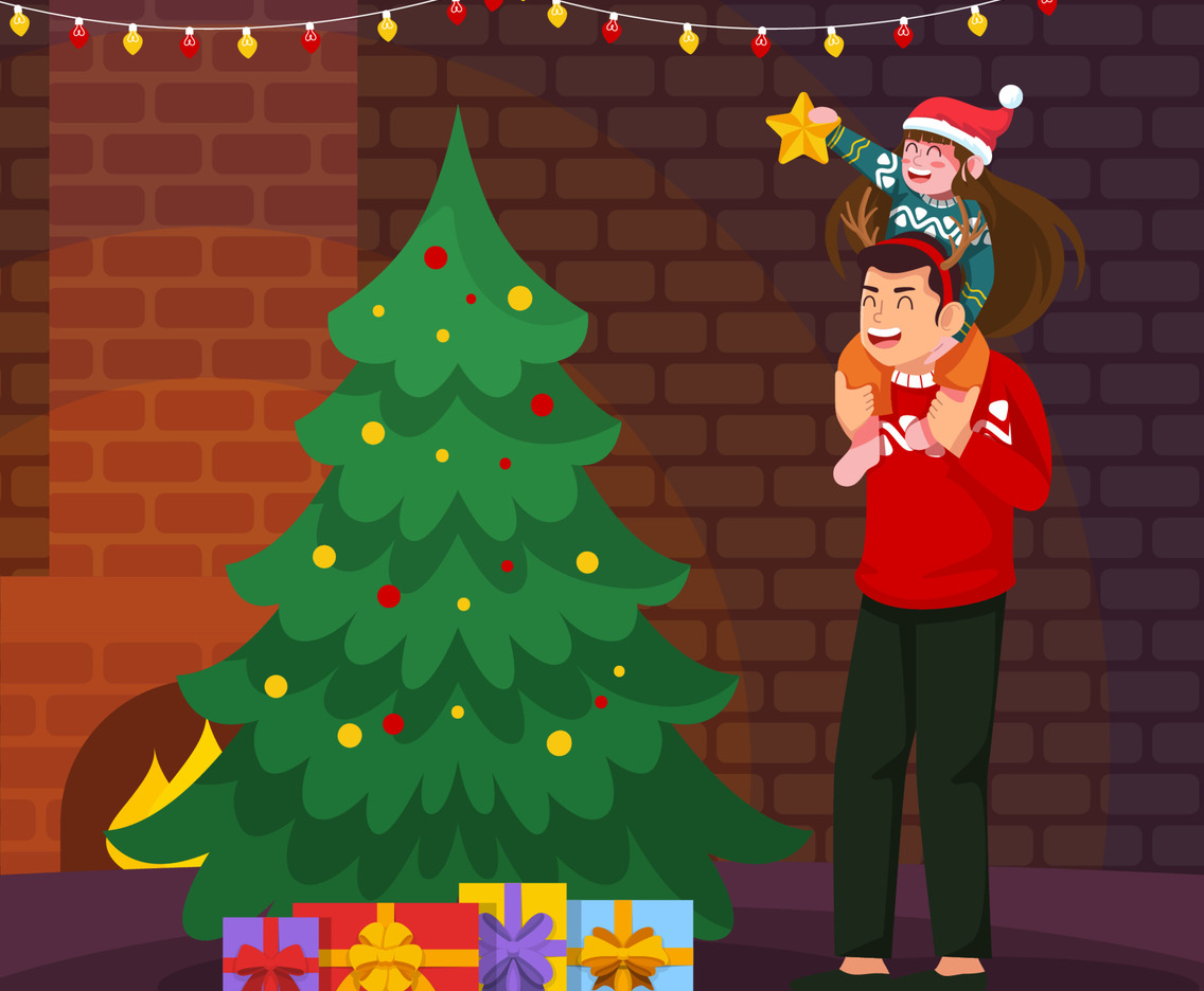 Family Decorate Pine Tree for Christmas