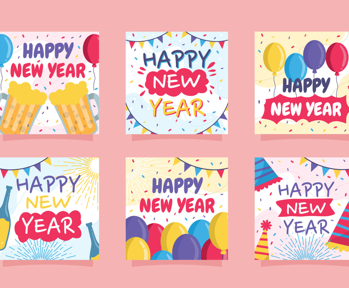 Happy New Year Colorful Doodle Social Media Post