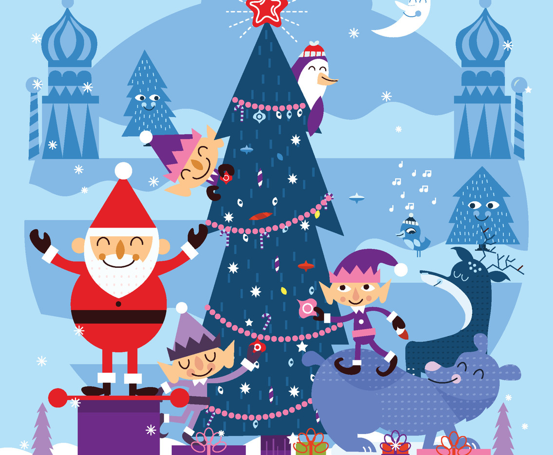 Santa And Friends Decorating Christmas Tree Concept