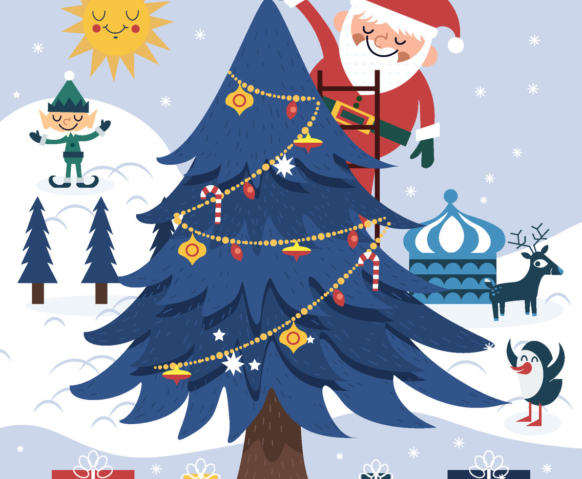 Santa Put Star In Christmas Tree Concept