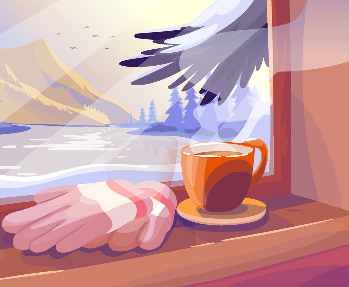 Beautiful Sunrise Winter Scenery over Window with Coffee Cup