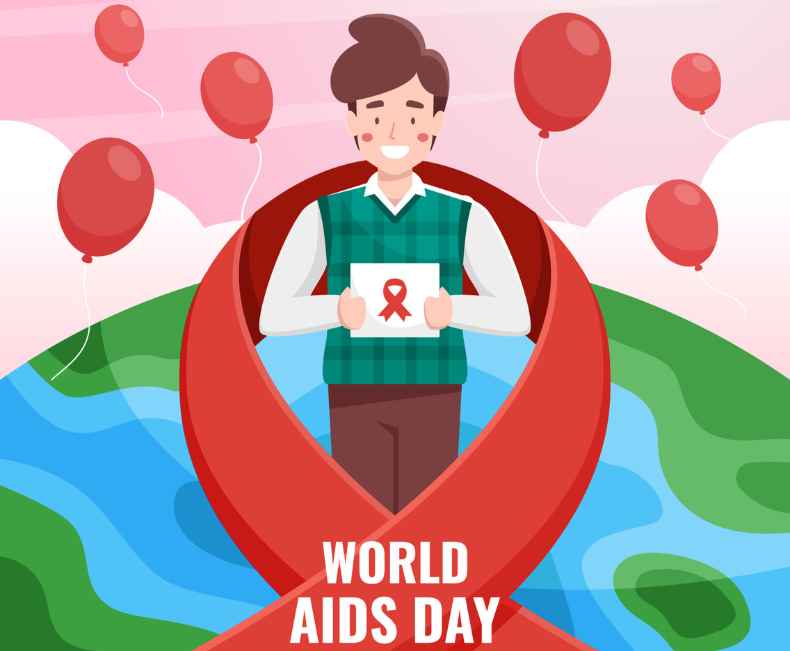 World Aids Day with Character and Red Ribbon