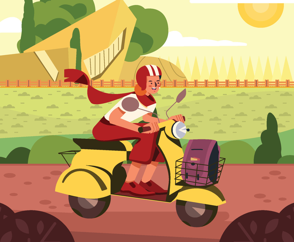 Woman Traveling on Her Bike in Suburb Concept