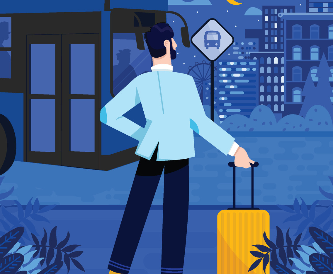 Man With Luggage Wait For Bus Concept