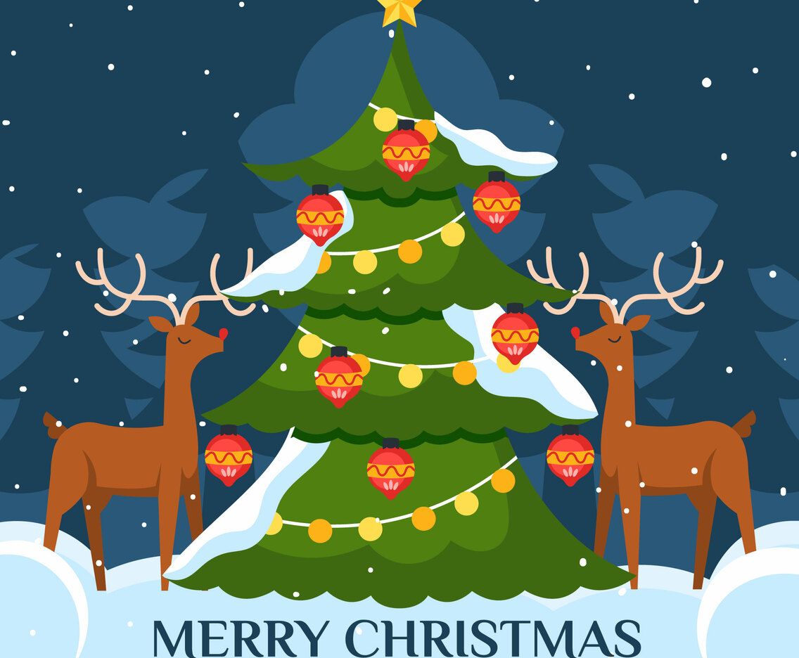 Two Deers are Playing Christmas Tree on Winter